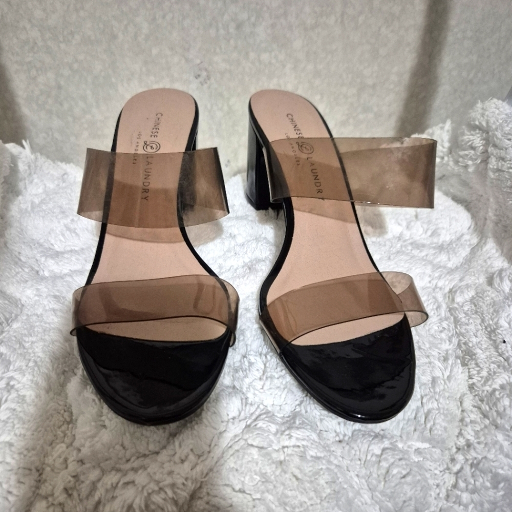 Chinese Laundry Clear Strap Block Heel Women's Black and Smoke Sandals .SIZE:10
